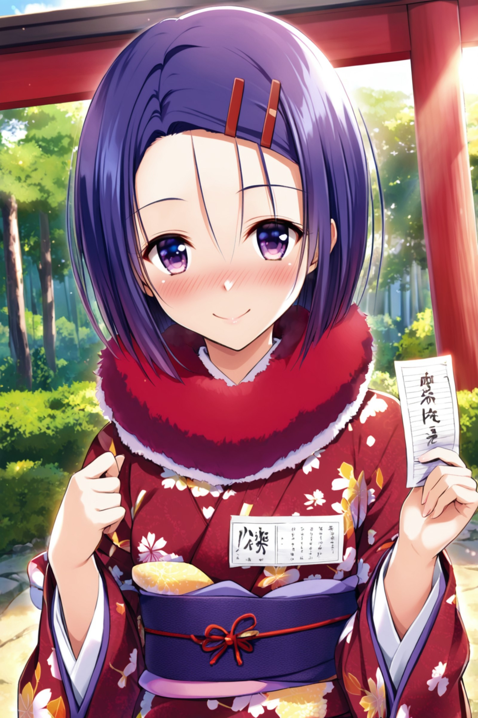 1girl,haruna sairenji,solo,japanese clothes,smile,hair ornament,kimono,blush,sash,obi,looking at viewer,omikuji,purple eye...